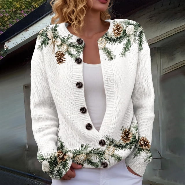 Plus Size Women's Christmas Santa & Tree Embroidered Cardigan Long Sleeve Round Neck Button Down Knit Sweater For Holiday Season