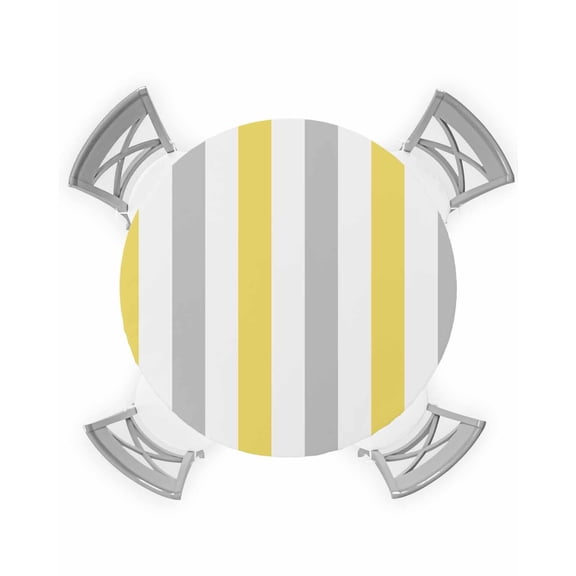 nqOlkjepod Yellow Grey Striped Round Tablecloth, Fitted Table Cover with Elastic for 55"-60" Round Tables, Geometric Vertical Stripes White Table Cloth Outdoor Dinning Party Waterproof Tablecloths