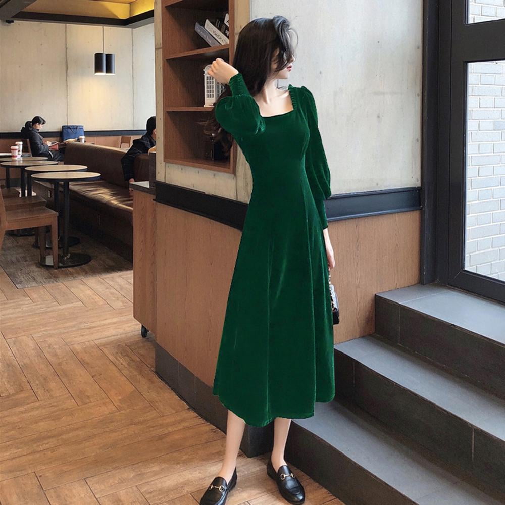 Square Collar Mid-Length Long-Sleeved Velvet Dress Women'S Autumn And  Winter Slimming Design Sense 