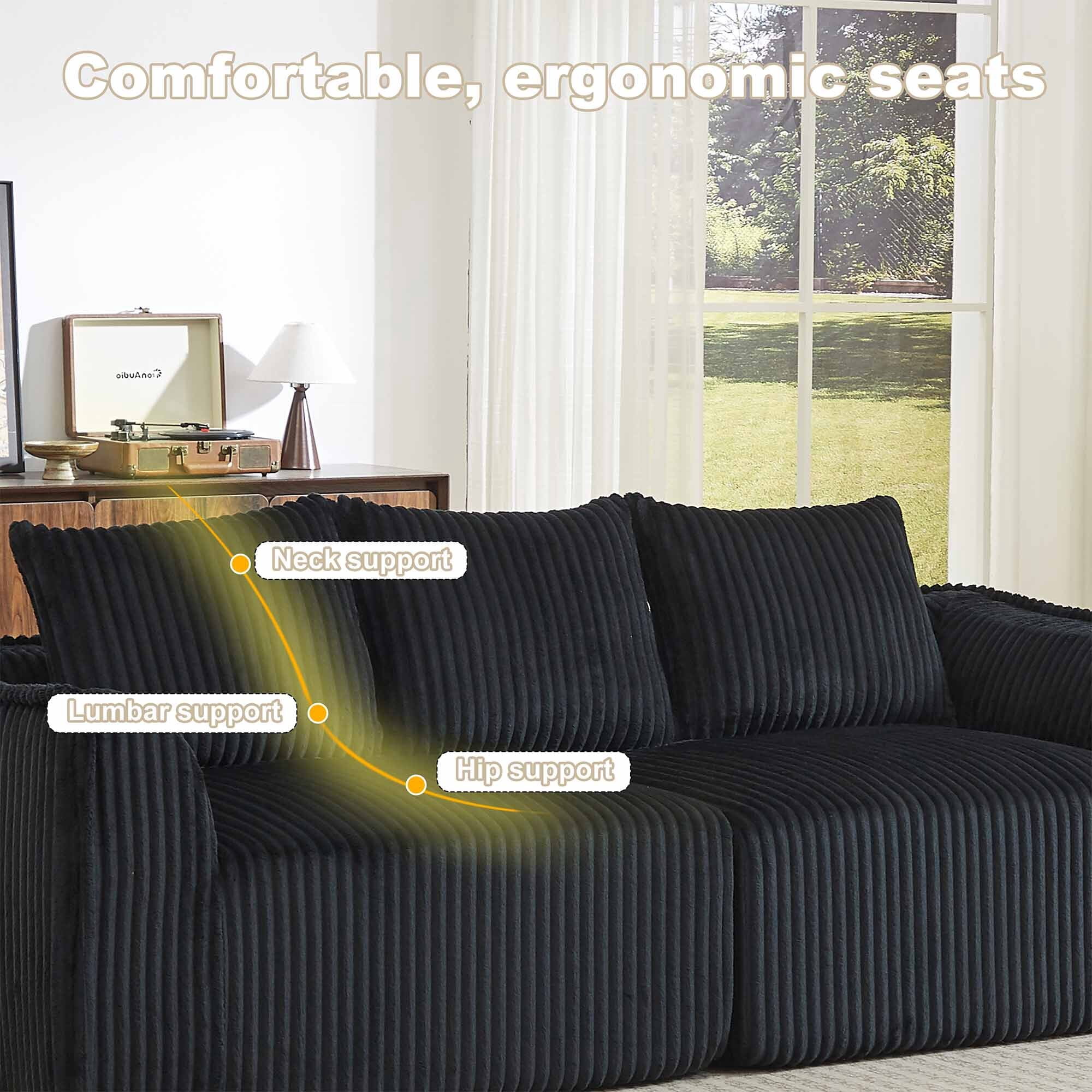 Lunale 3-Seater Modular Sectional Sofa, 92" Boneless Cloud Couch, No Assembly Required, Modern Corduroy Sofa for Living Room, Black