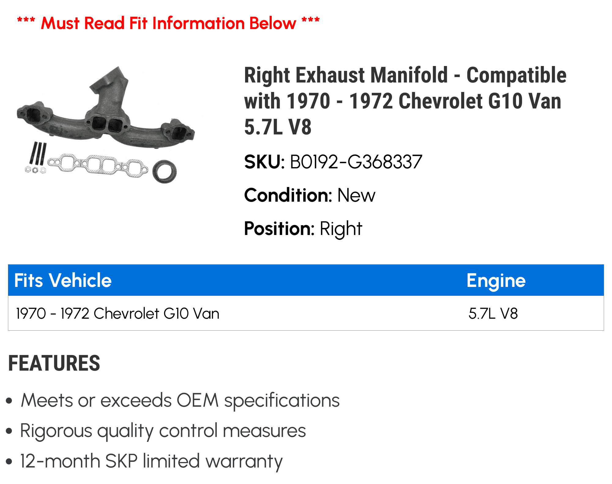 Right Exhaust Manifold - Compatible with 1970 - 1972 Chevy G10 Van 5.7L V8 1971