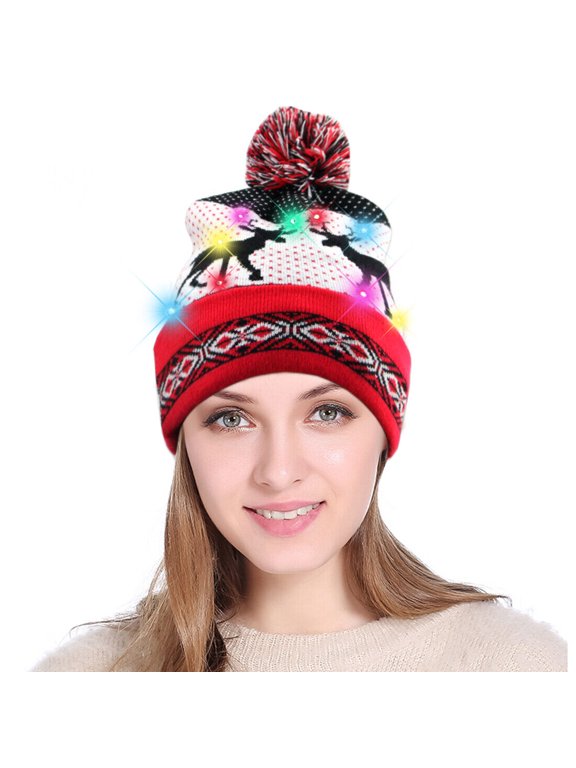 Unisex New 10 LED Lights Beanie Knit Cap Holiday Headlamp Winter Deer LED Hat for Christmas Party