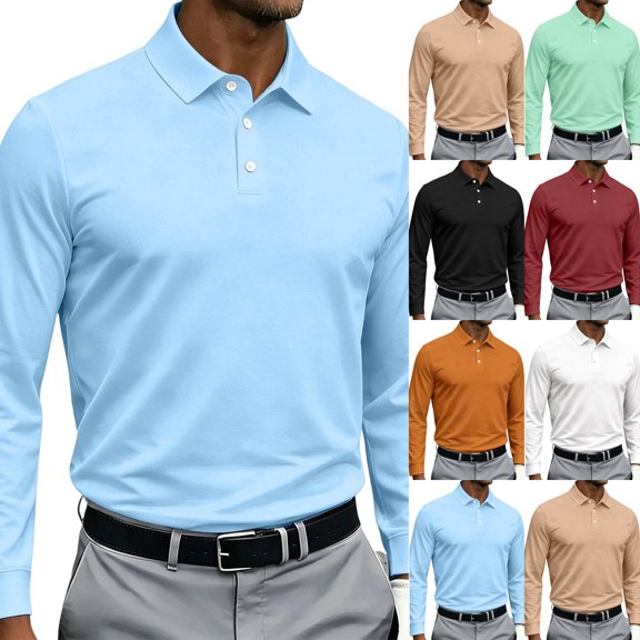 Mens Polos Casual Quick Dry Long Sleeve Golf Shirt | Breathable Collared Stretch Lightweight Top,Hiking,Stretch,Business Casual,Vacation,Moisture Wicking,Mens Polo Shirts Sky Blue S