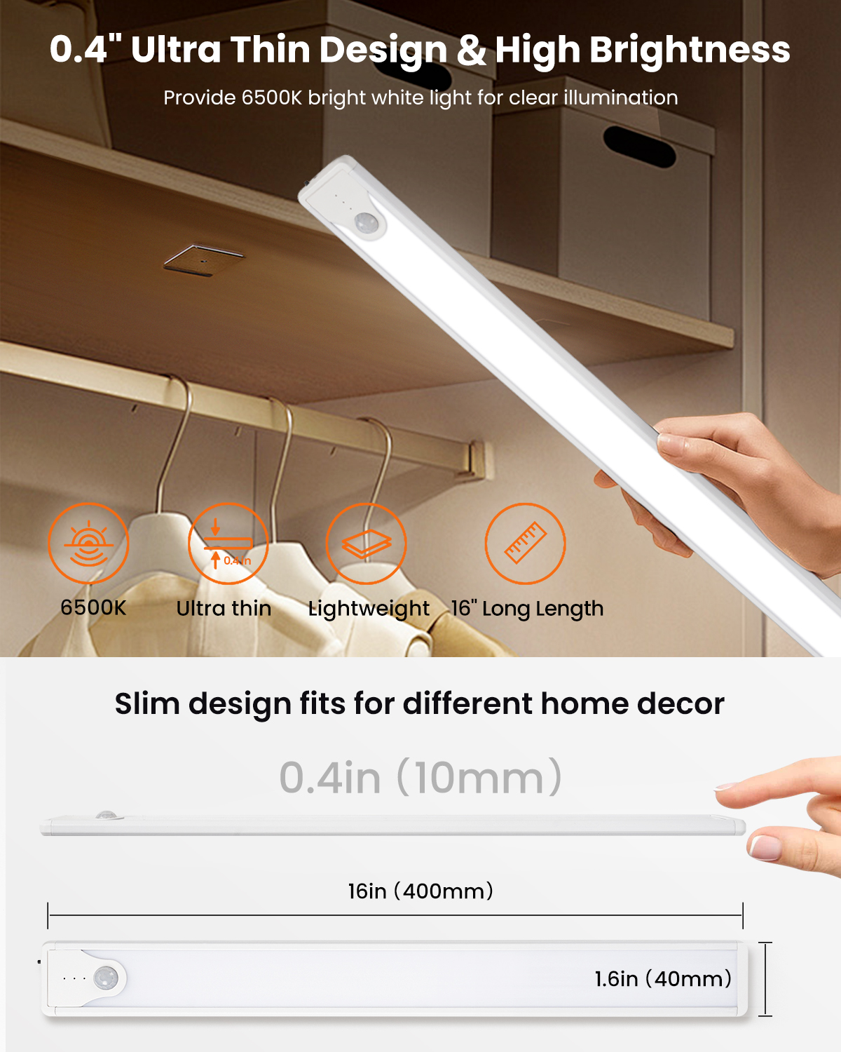 SUNLINKCO 16 Inch Under Cabinet Lights, 83 LED Rechargeable Magnetic Motion Sensor Lighting 2 Pack, Brightness Dimmable 6000K Stepless Dimming Closet Light for Under Counter, Kitchen, Stairs, Closet