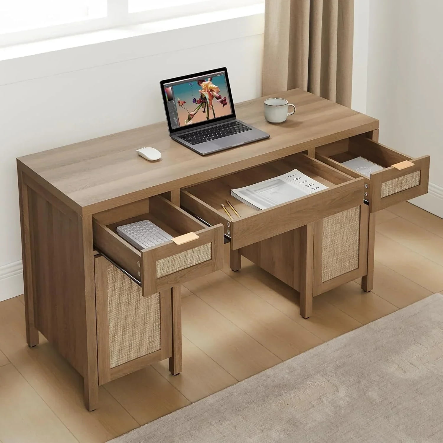 SICOTAS 52" Rattan Computer Desk with 3 Drawers & 2 Storage Cabinets, Boho Executive Desk, Modern Writing Desk for Home Office Bedroom, Oak
