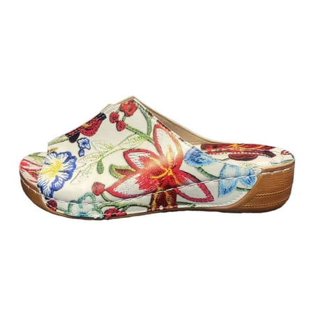 

Ediodpoh Ladies Summer Retro Colour Blocking Flowers Leather Hollow Breathable Slope with Thick Bottom Large Size Fish Mouth Sandals Slippers Summer Sandals White 8.5(41)