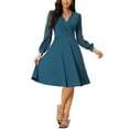 thumbnail image 1 of Vestido envolvente para mujer Inspire Chic, con escote en V, mangas de linterna, puntos suizos, vestido midi con bolsillos, azul S, 1 of 6