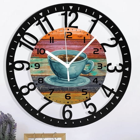 Iron Wood Wall Clock,Vintage Coffee Wooden Wall Clocks Art Silent Non-Ticking Wall Clock Battery Operated Round Home Arabic Numeral Decorative Wall Clocks 10×10inch(25×25cm)
