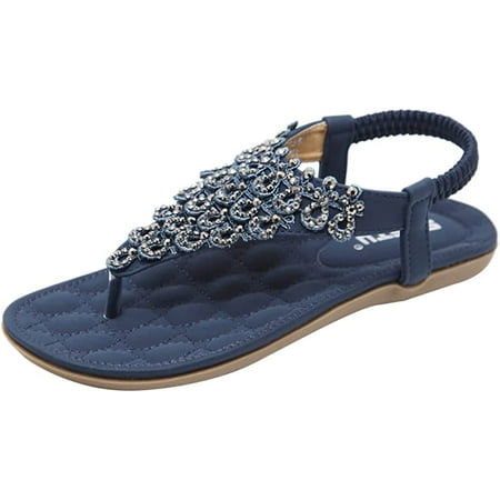 

DabuLiu Flat Sandals for Women Fashion Bohemia Beach Sandals Rhinestone Thong Sandals Flip Flops Dressy Sandals for Summer