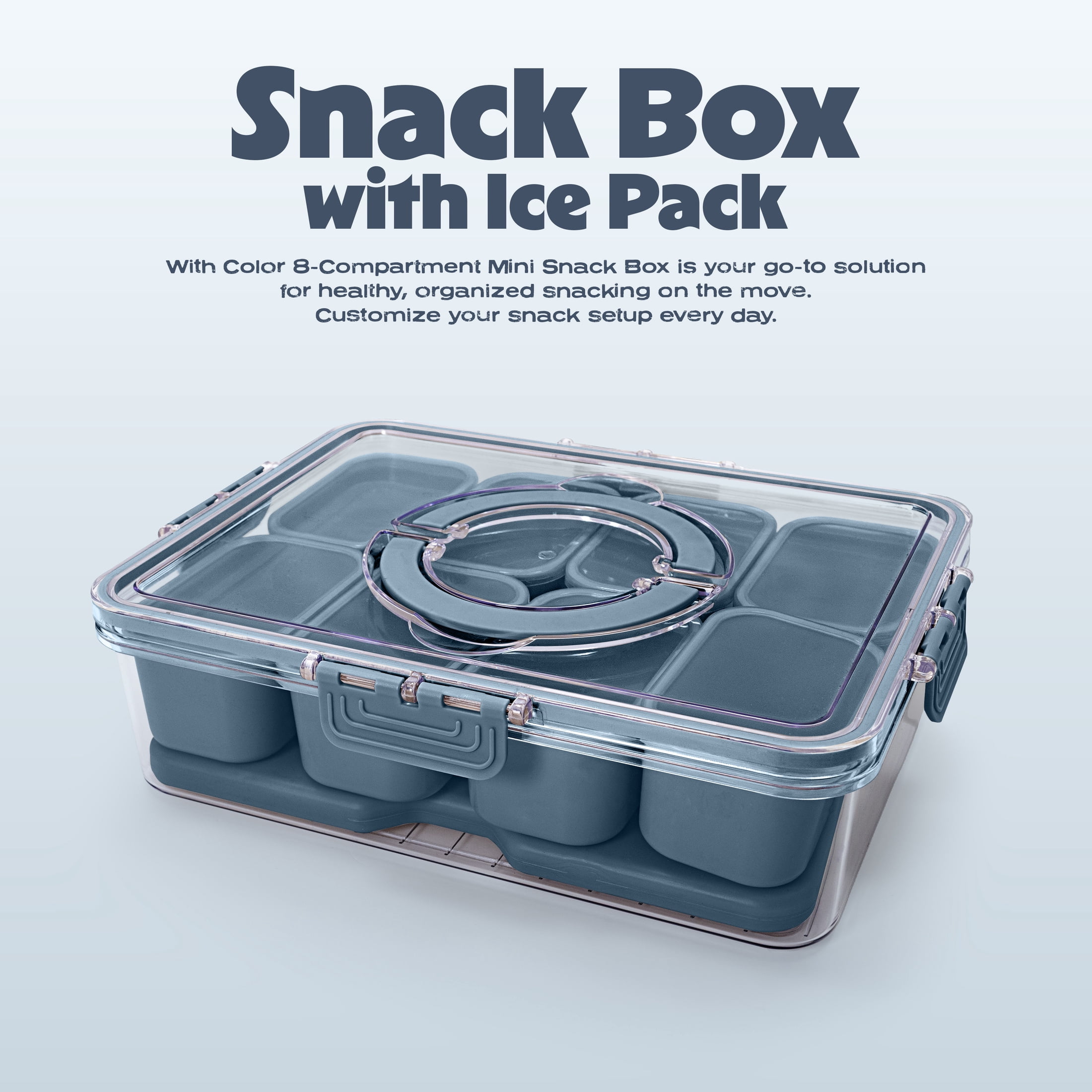 Cook with Color 8-Compartment Snack Box Food Storage Carrier, Charcuterie Container with Ice Pack, Portable and Dishwasher Safe, Leak Proof, Blue