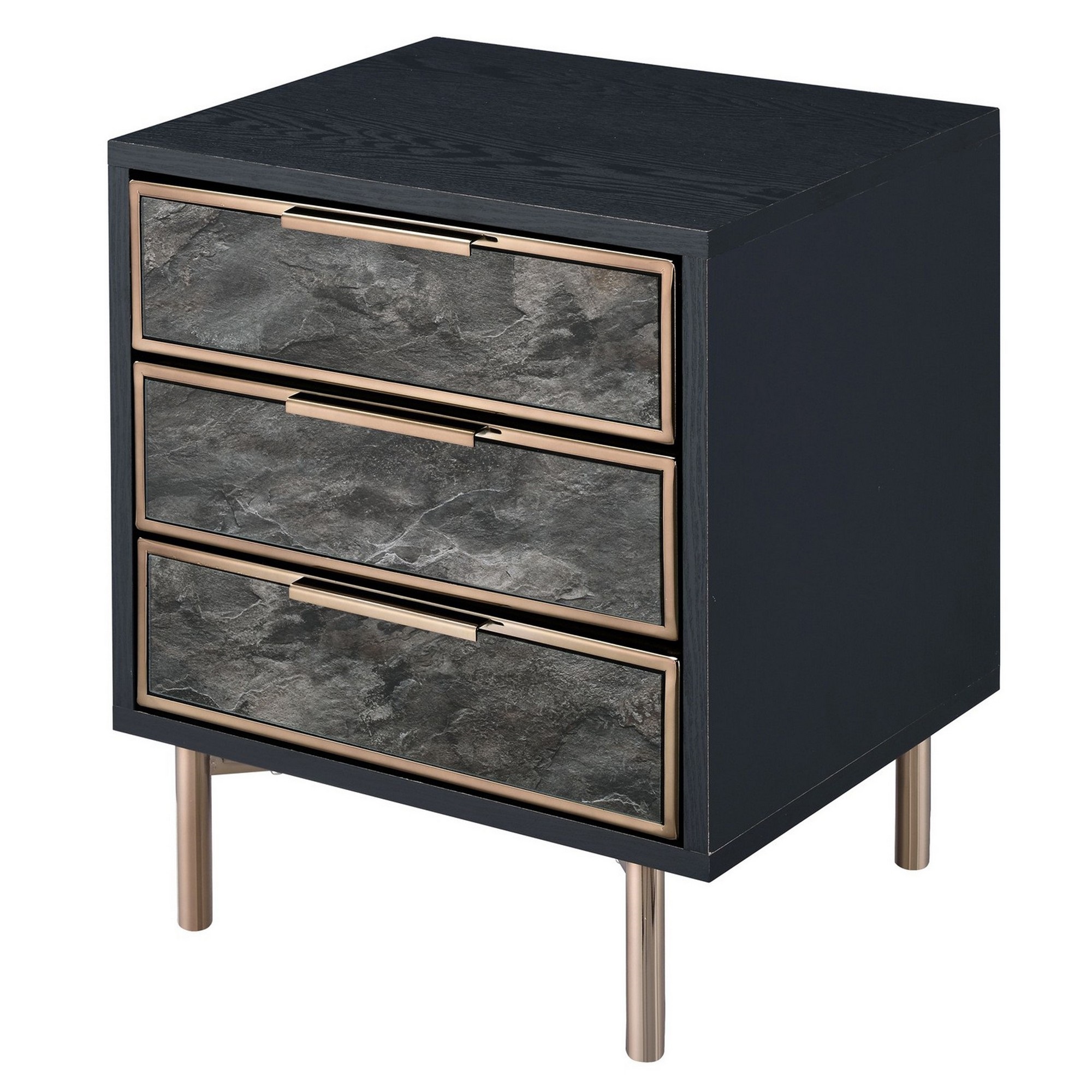 3 Drawer Faux Marble Front Nightstand with Metal Legs, Black and Gold