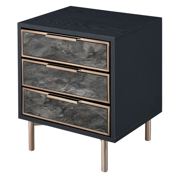 3 Drawer Faux Marble Front Nightstand with Metal Legs, Black and Gold