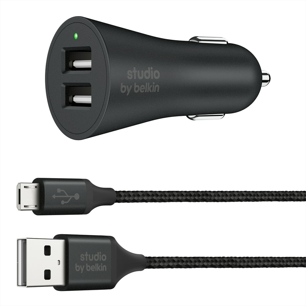 Studio by Belkin Dual Car Charger + MicroUSB to USB Cable, Black, 5ft