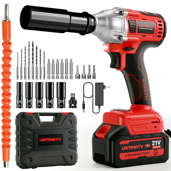 Cordless Impact Wrench, UNTIMATY 1/2 inch Brushless Impact Gun, Max Torque 320 Ft-lbs（430N.m） Impact Wrench with 21V Brushless Motor, with 3.0Ah Li-ion Battery & 7 Sockets,Red