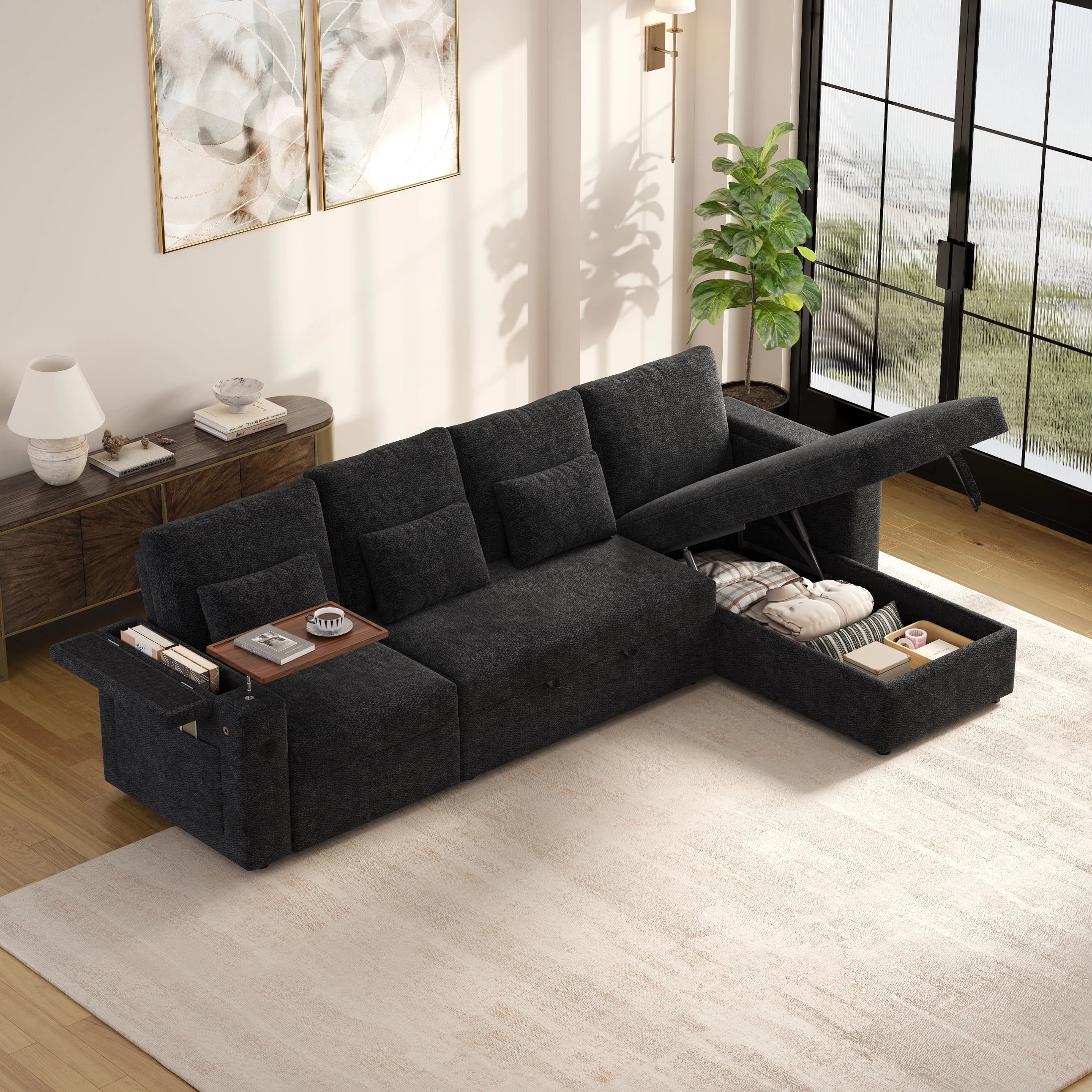 AISWORD 108" 3-in-1 Convertible Pull Out Sofa Bed, 6 Position Adjustable Sleeper Couch with USB Ports, Laptop Table, Cup Holders & Side Storage Pockets, Black
