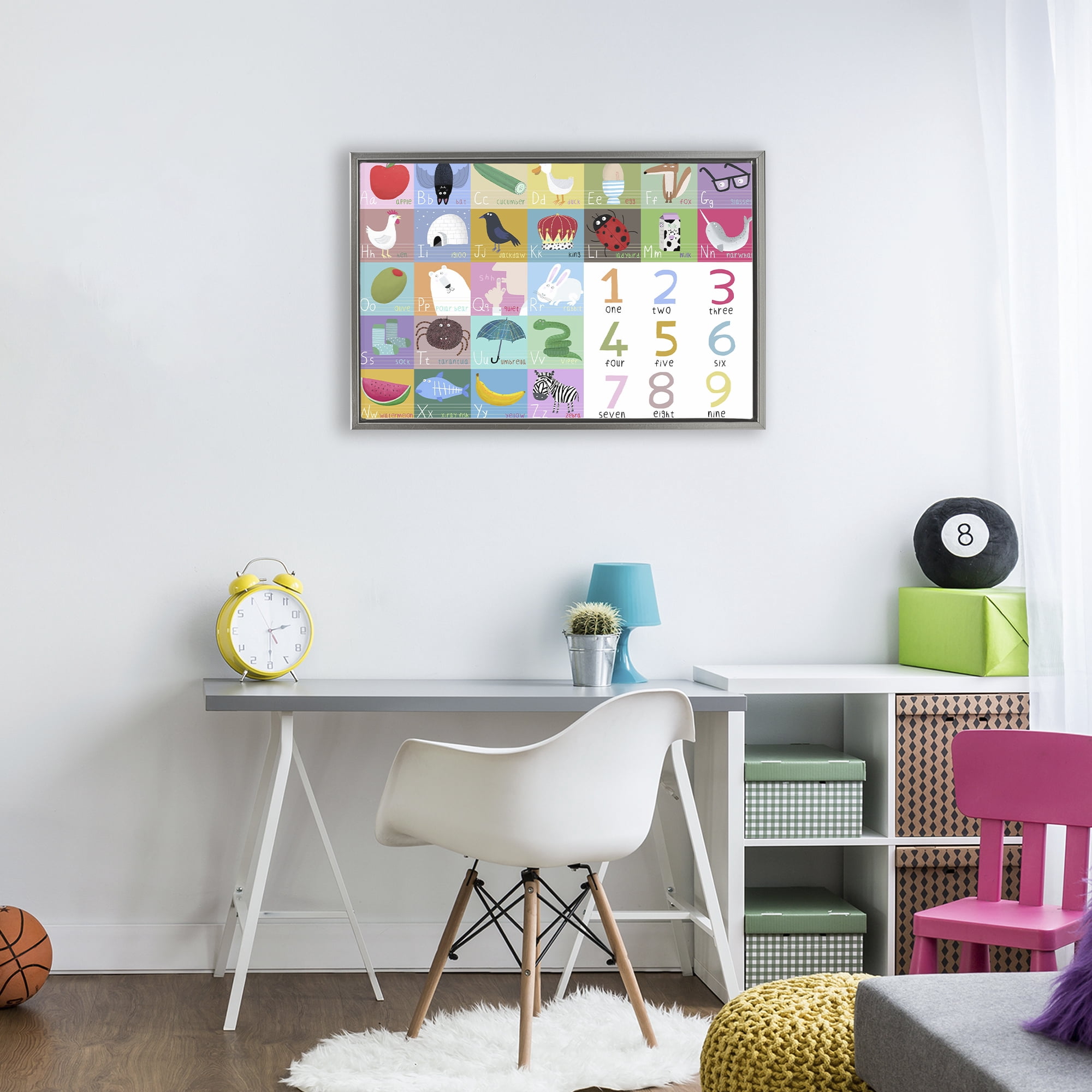Stupell Industries Alphabet & Numbers First Words Gray Framed Floater Canvas Wall Art, design by Carla Daly