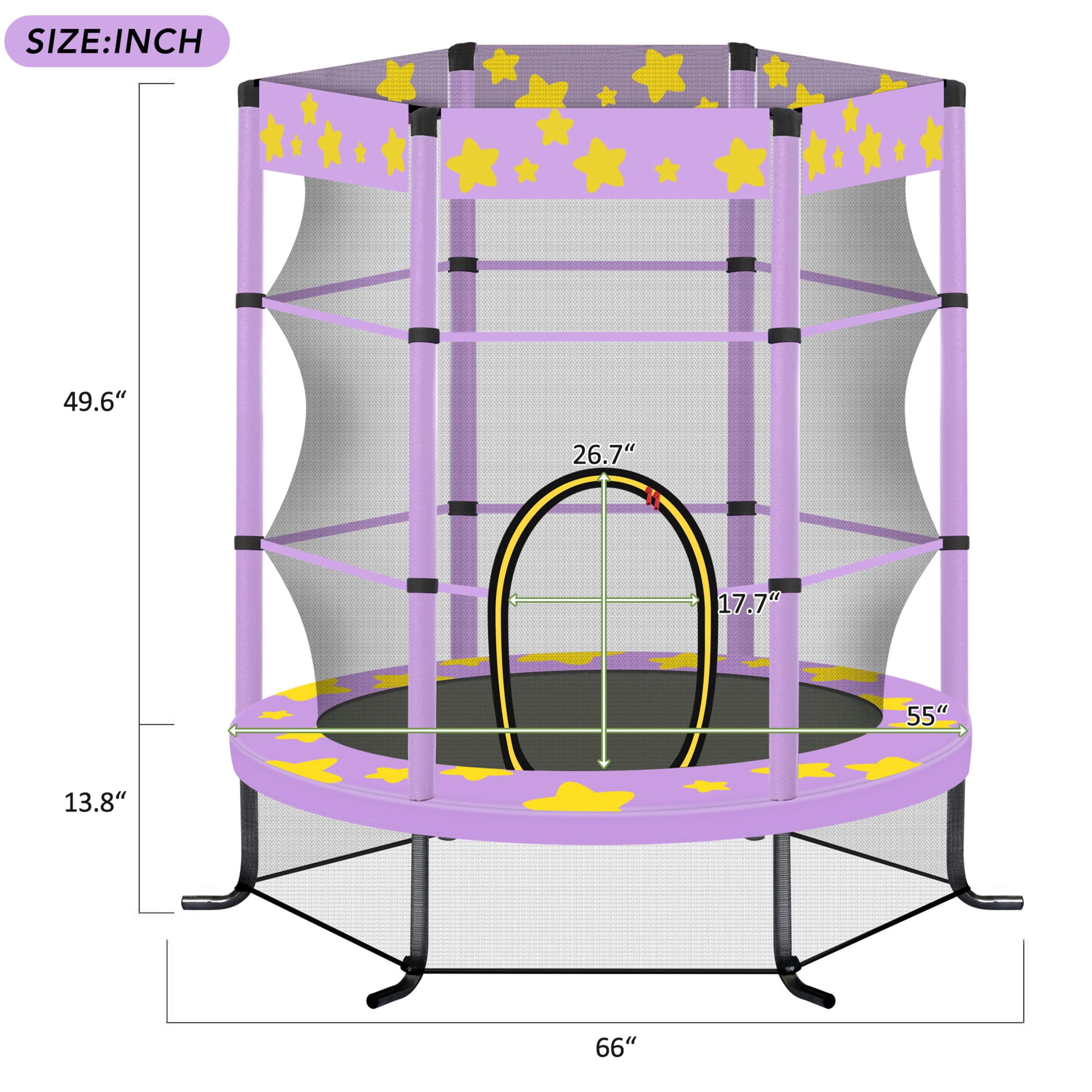 55-Inch Kids Trampoline with Safety Enclosure, Padded Frame & Star Pattern, Purple