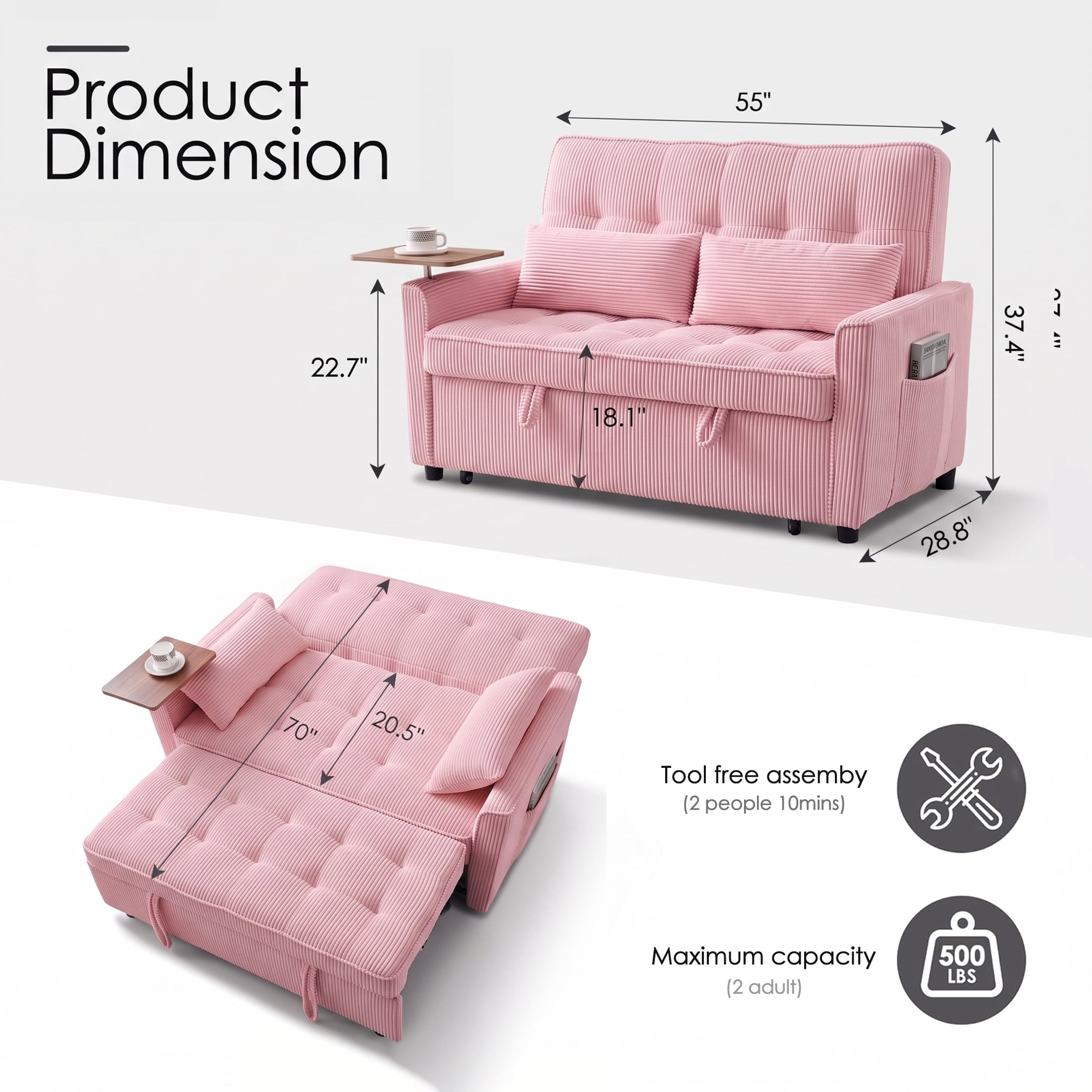 AISWORD 55" 3-in-1 Convertible Sleeper Sofa Bed, Pull Out Loveseat Couch with Side Tray Table & USB Charging Port, Adjustable Backrest Sofa for Apartment, Bedroom, Office, Pink