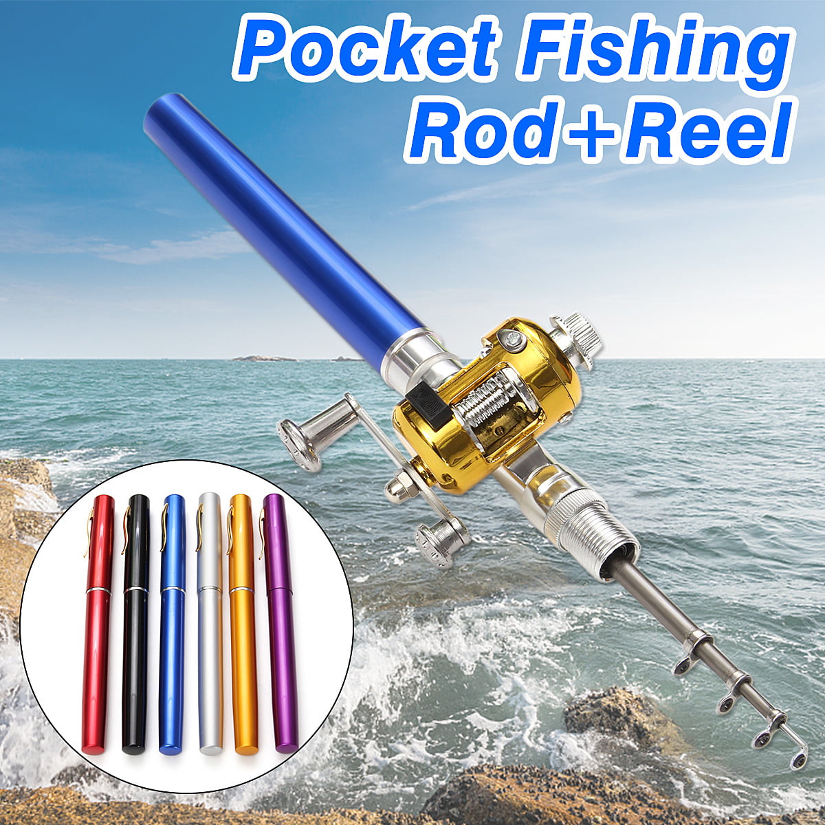 Pocket Mini Portable Telescopic Aluminum Alloy Fishing Rod Pen 38" Pole Rod Reel 
