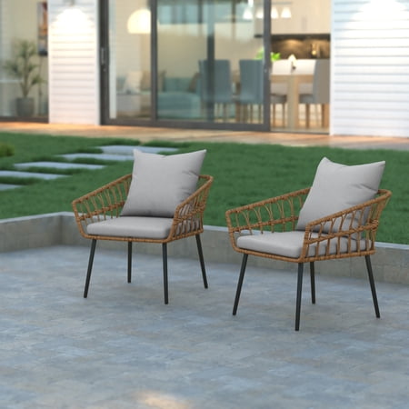 Emma + Oliver Boho Rattan Rope Open Weave Patio Chairs with Cushions, Natural/Gray (Set of 2)