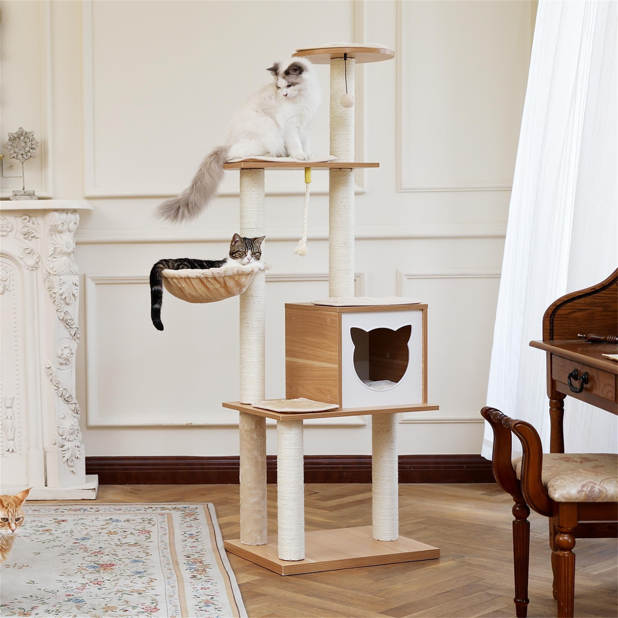 Pefilos 64" Multi-Level Wood Cat Tree Tower for Indoor Cats, Cat Condo for Big Cats with Fully Sisal Covering Scratching Posts, Beige Pefilos 64" Multi-Level Wood Cat Tree Tower for Indoor Cats, Cat Condo for Big Cats with Fully Sisal Covering Scratching Posts, Beige