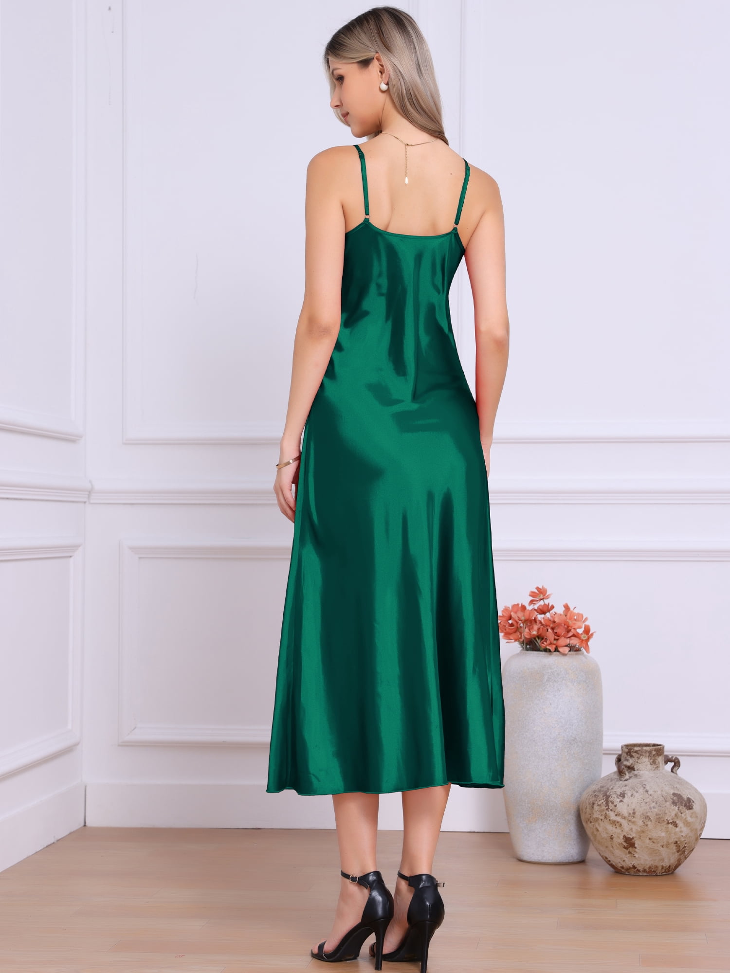 DARING DIVA Satin V Neck Spaghetti Strap Silky Maxi Dress S Green