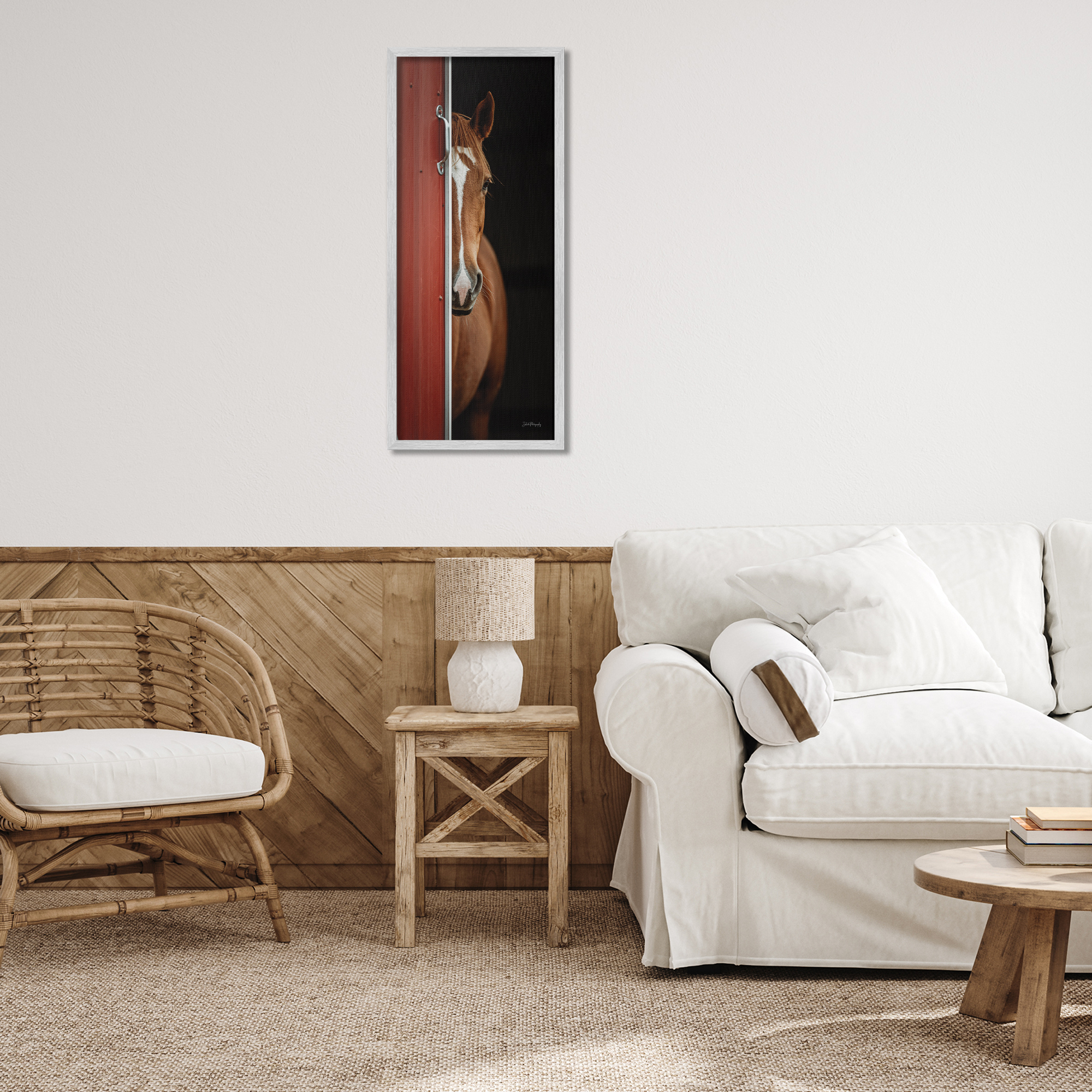 Stupell Industries Brown Stallion Peeking Animals & Insects Photography Gray Framed Art Print Wall Art, 13 x 30