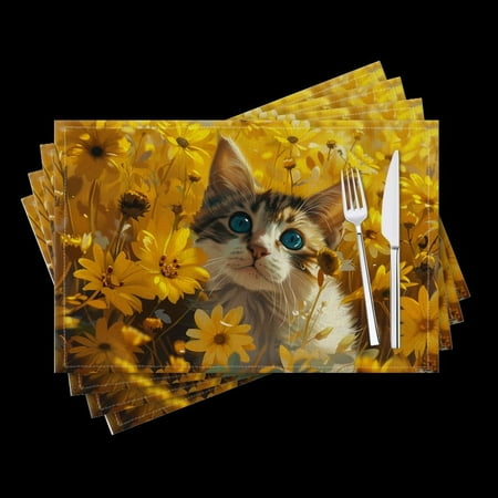 

BaHomeck placemats Set of 4 Cute Cat With Blue Eyes In The Middle Of Yellow Flowers Cotton Linen rectangle Placemats for Kitchen Dining Table Indoor Outdoor 18*12inch