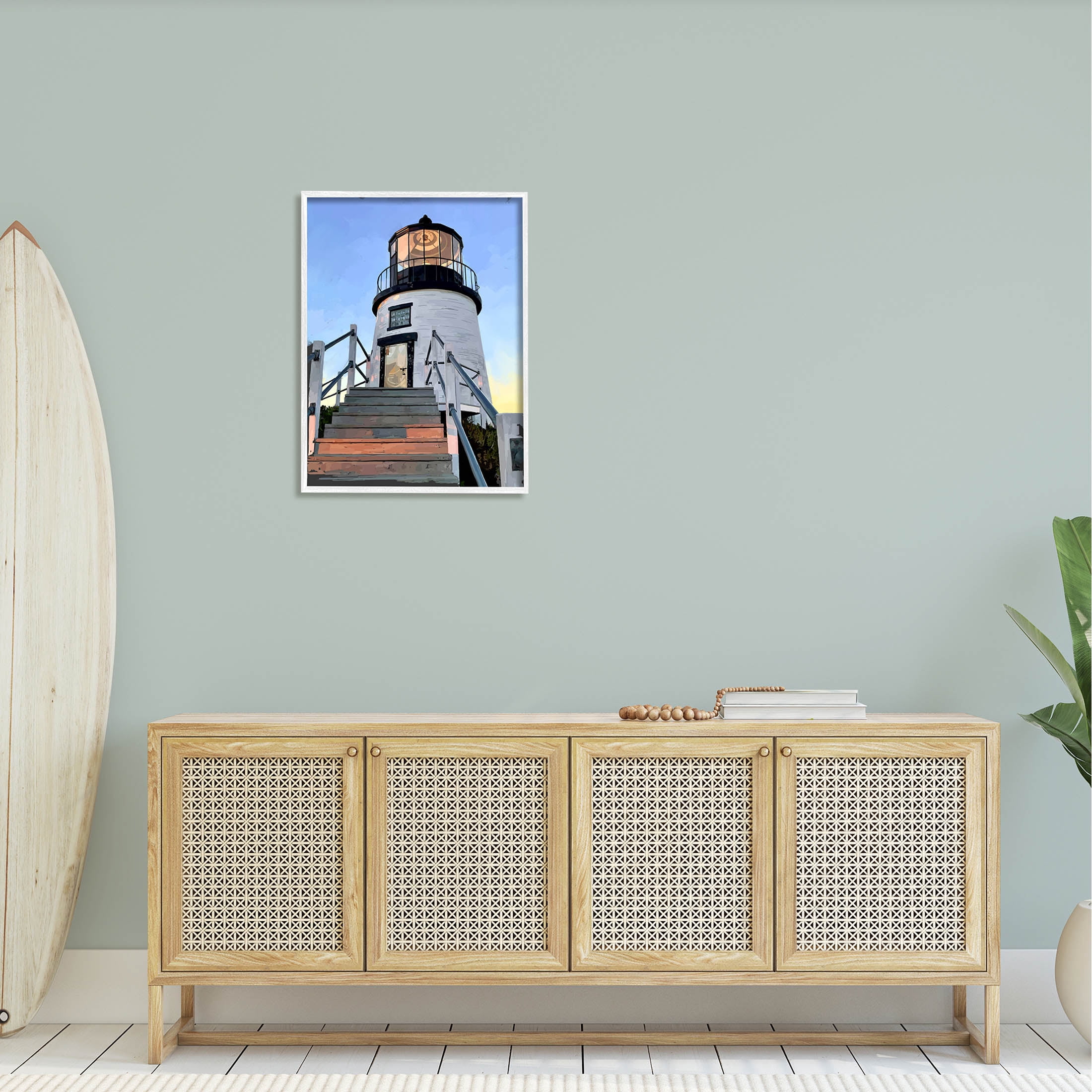 Coastal Lighthouse Beacon Coastal Graphic Art White Framed Art Print Wall Art