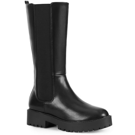 BLISSFUL STEP Women's Boots Mid Calf Chelsea Boots Platform Block Heel Faux Leather Bootss Black 6