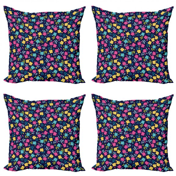 Flower Throw Pillow Cushion Case Pack of 4, Colorful Summer Blossom Romantic Feminine Petals Fashion Vintage Floral Pattern, Modern Accent Double-Sided Print, 4 Sizes, Multicolor, by Ambesonne