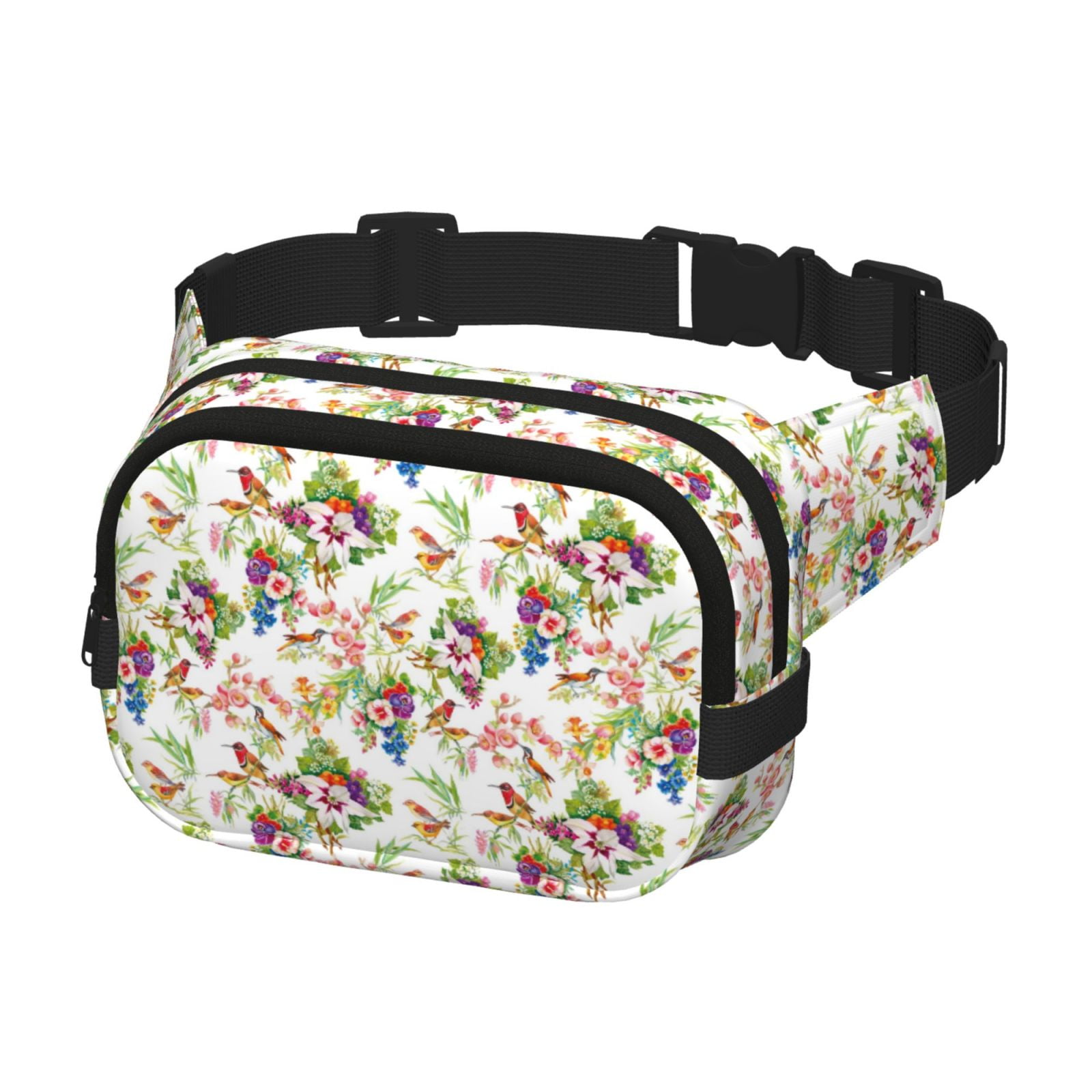 Picia Birds And Flowers Print Square Double-Layer Waist Bag Mini Adjustable Waist Belt Bag Exercise Running Travel Hiking