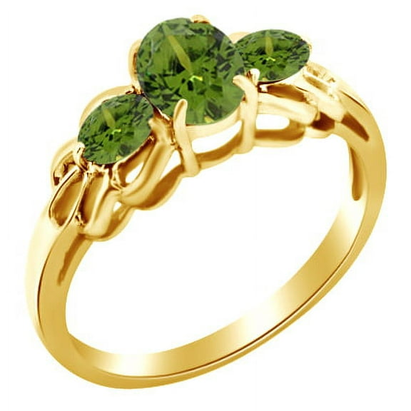 AFFY Oval Shape Simulated Green Peridot Three Stone Ring in 14k Yellow Gold Over Sterling Silver Ring Size - 4