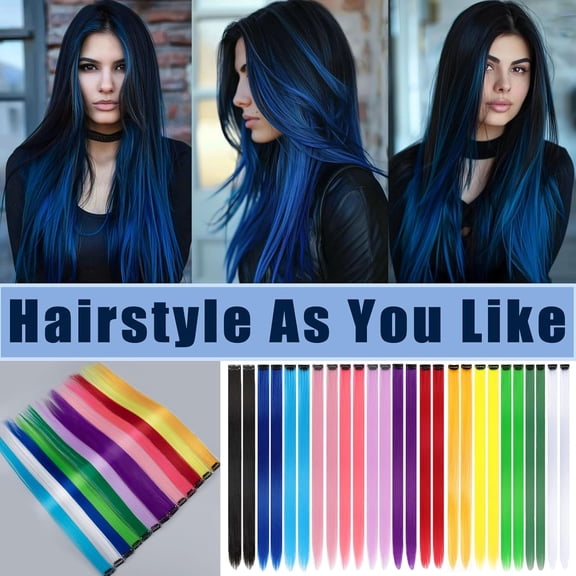 WEIF-20 PCS Blue Hair Extensions Clip in - 22 Inch Colored Hair for Women Girls Kids - Perfect for Parties, Cosplay, Halloween