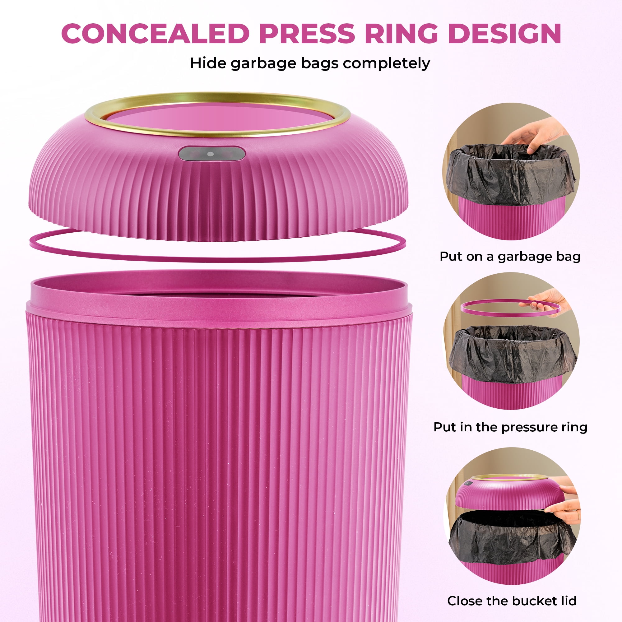 SUSLAS Trash Can with Motion Sensor, Touchless Automatic Lid and Waterproof Design, Smart Waste Bin for Bathroom Kitchen, 2.6 Gallon Plastic,Pink