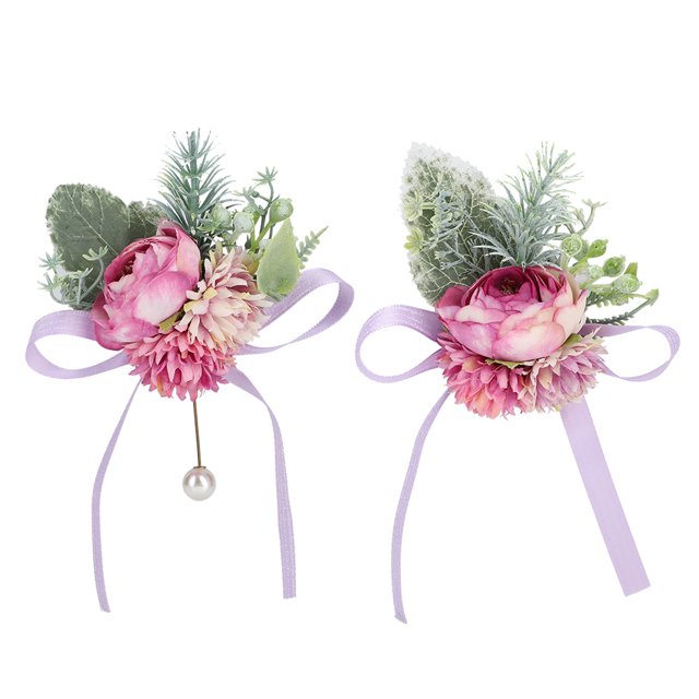 Pecho del novio, ramillete de la novia y juego de muñecas de la dama de honor con flores para la fiesta de bodas en color violeta claro