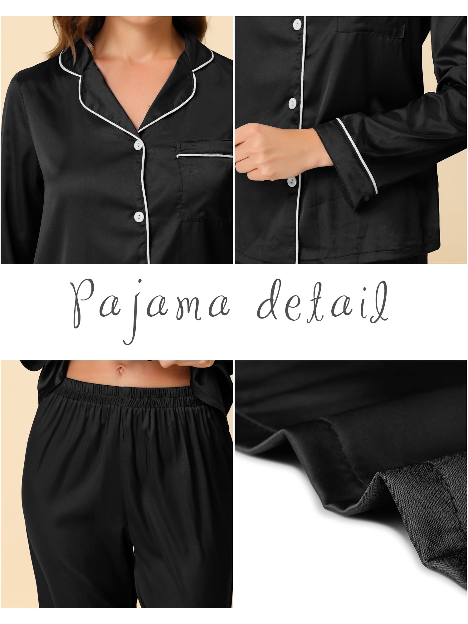 Unique Bargains Women's Pajama Loungewear Long Sleeves Tops and Pants Satin Sleepwear Sets