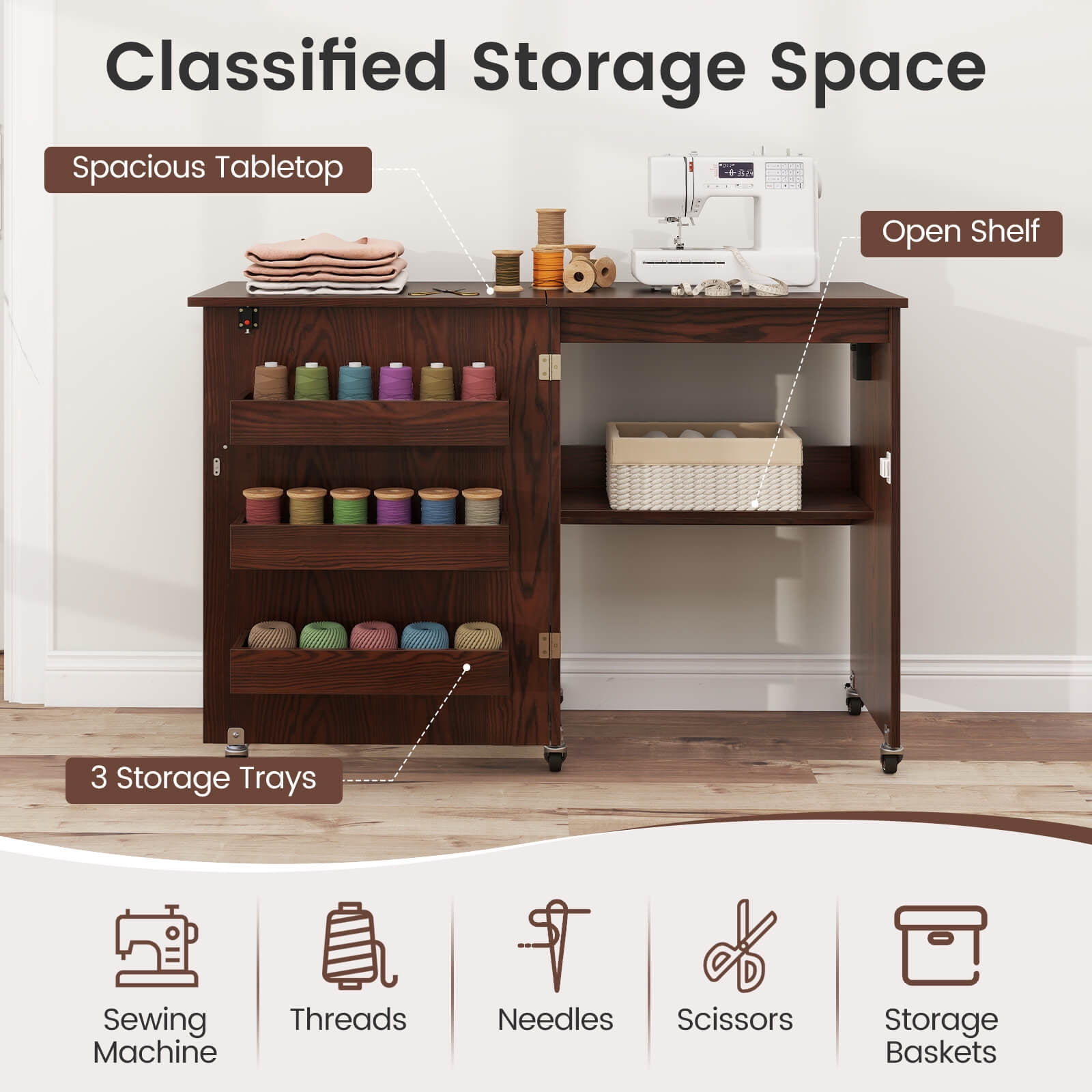 Costway Folding Sewing Table Rolling Craft Station with 3 Storage Bins & Charging Station Brown