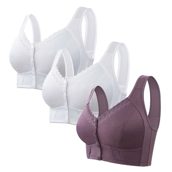 WNEGSTG Purple Sports Bras for Women, Moona Bra for Senior Front Closure Breathable Bra for Seniors Wirefree Bras for Older Women, 44