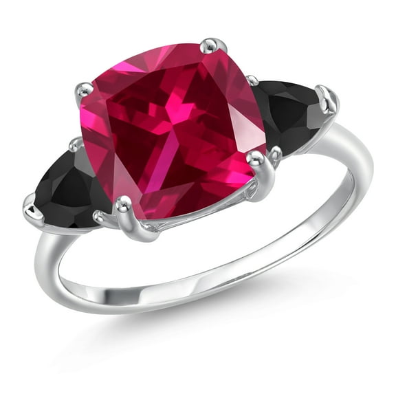 Gem Stone King 10K White Gold Red Created Ruby and Black Onyx Engagement Ring for Women | 5.72 Cttw | Cushion 10MM | Gemstone July Birthstone | Size 7