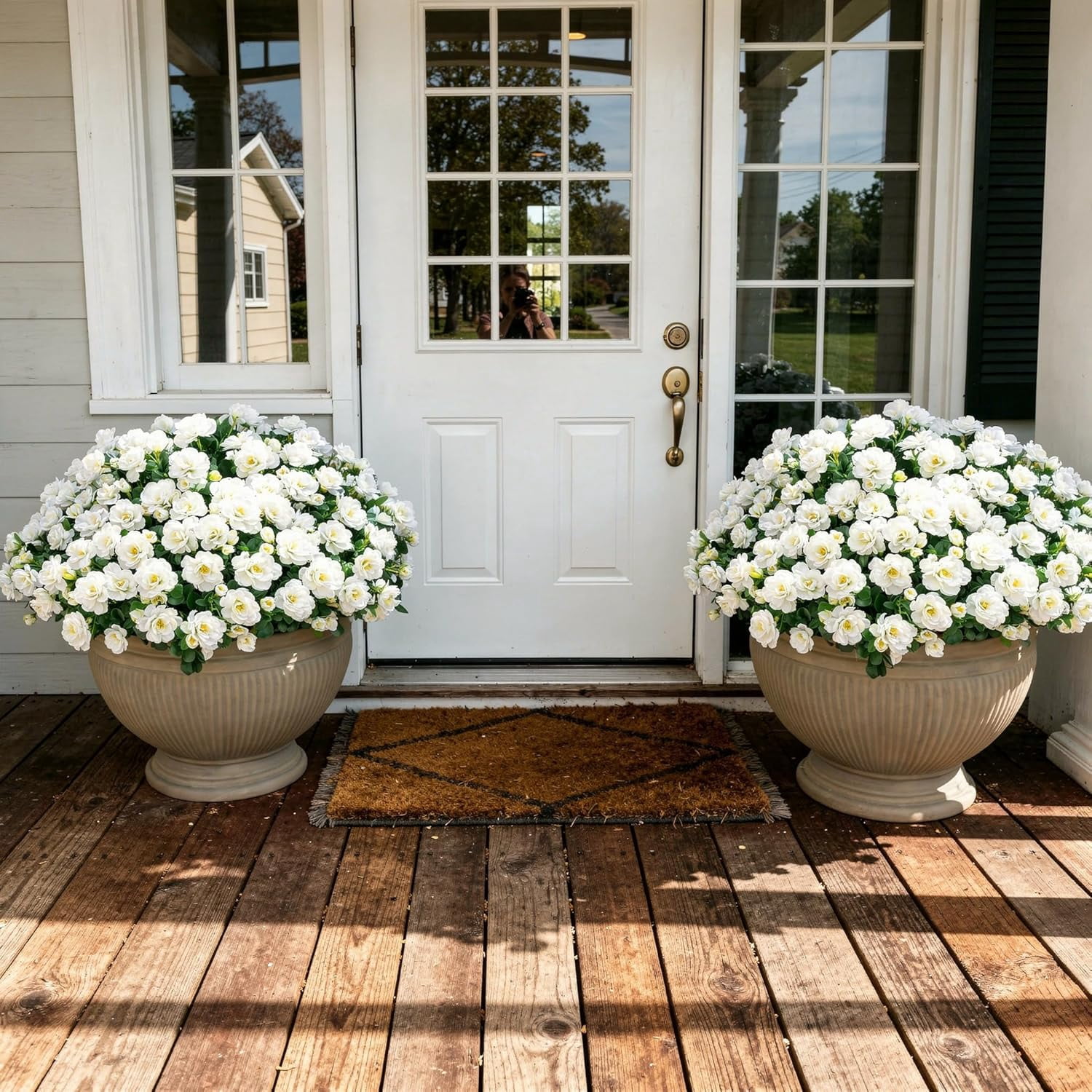 Artificial Fake White Flowers Plants for Spring Outdoor Outside, Faux Silk Camellia UV Resistant Realistic for Front Door Porch Patio Balcony Garden Yard Decor, 3 Large Bundles