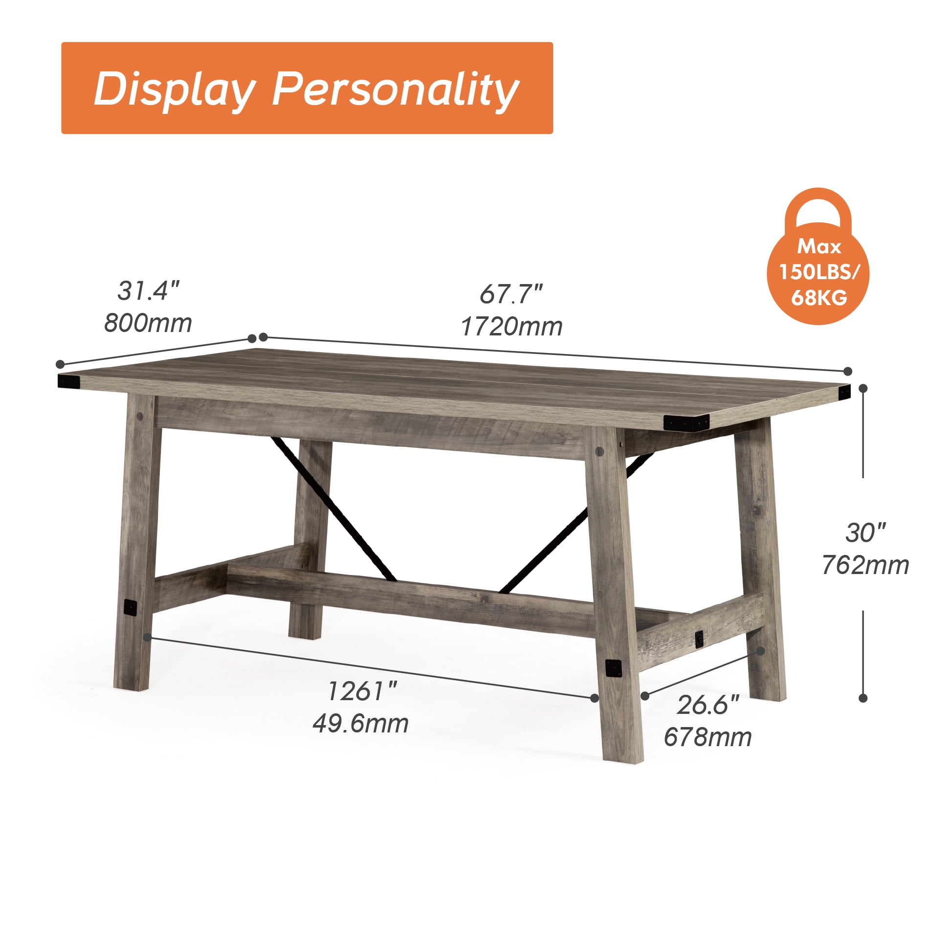 Rectangular Dining Table for 4-6 Person, Modern Farmhouse 68 inch Long Wood Kitchen Table, Large Rustic Dinner Table