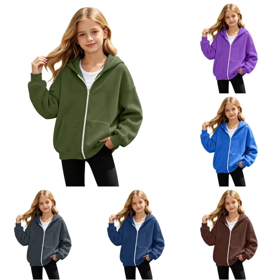 WhouRiu Girls Zip Up Hoodies Kids Autumn Hooded Sweatshirts With Pockets Casual Daily Wear