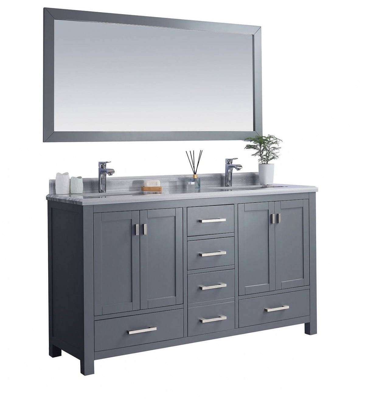 60 - Inch Single Sink Bathroom Vanity Cabinet With White Stripe Countertop - Laviva
