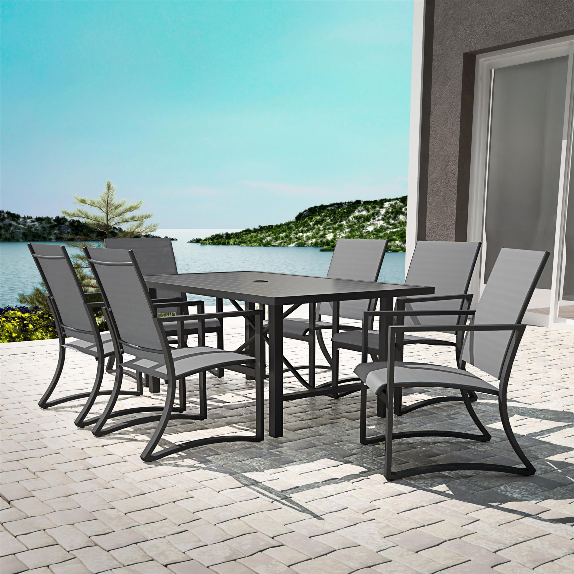 COSCO Outdoor Furniture, 7 Piece Patio Dining Set, Steel, Light Gray ...