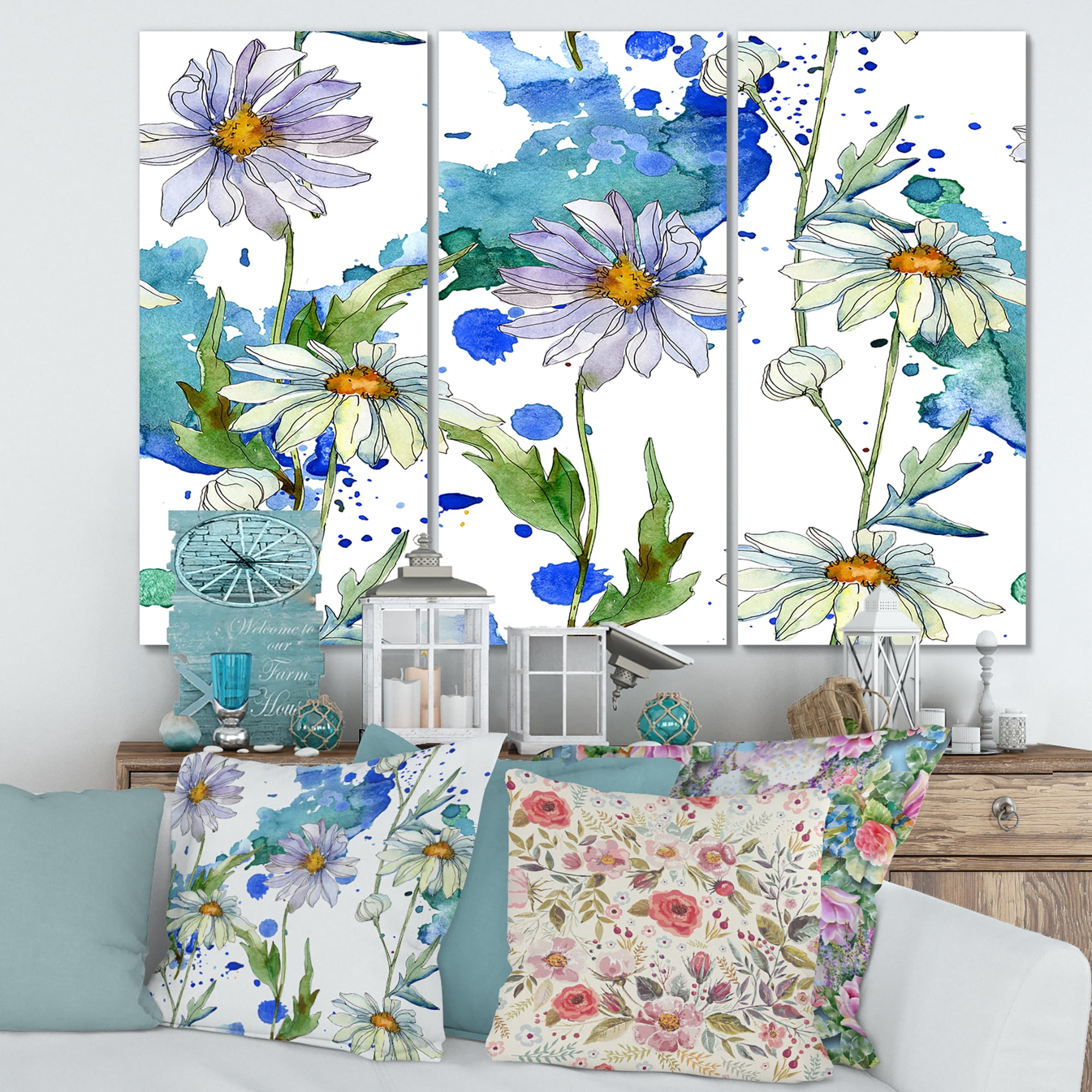 Designart ' Daisies With Green Leaves and Background ' Traditional Canvas Wall Art Print
