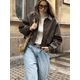 thumbnail image 3 of Chaqueta corta elegante de piel sintética con cuello vuelto para mujer, chaquetas cortas informales de manga larga con cremallera, prendas de vestir exteriores para mujer 2024, 3 of 5