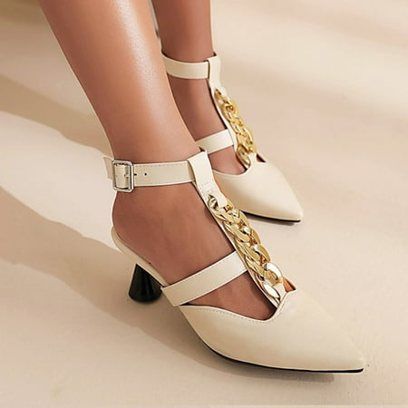 

Holiday Savings 2022! Rourlinge Women s Summer Fashion Ankle Straps Casual Pointed Toe Sandals Chain High Heels Shoes Beige 43