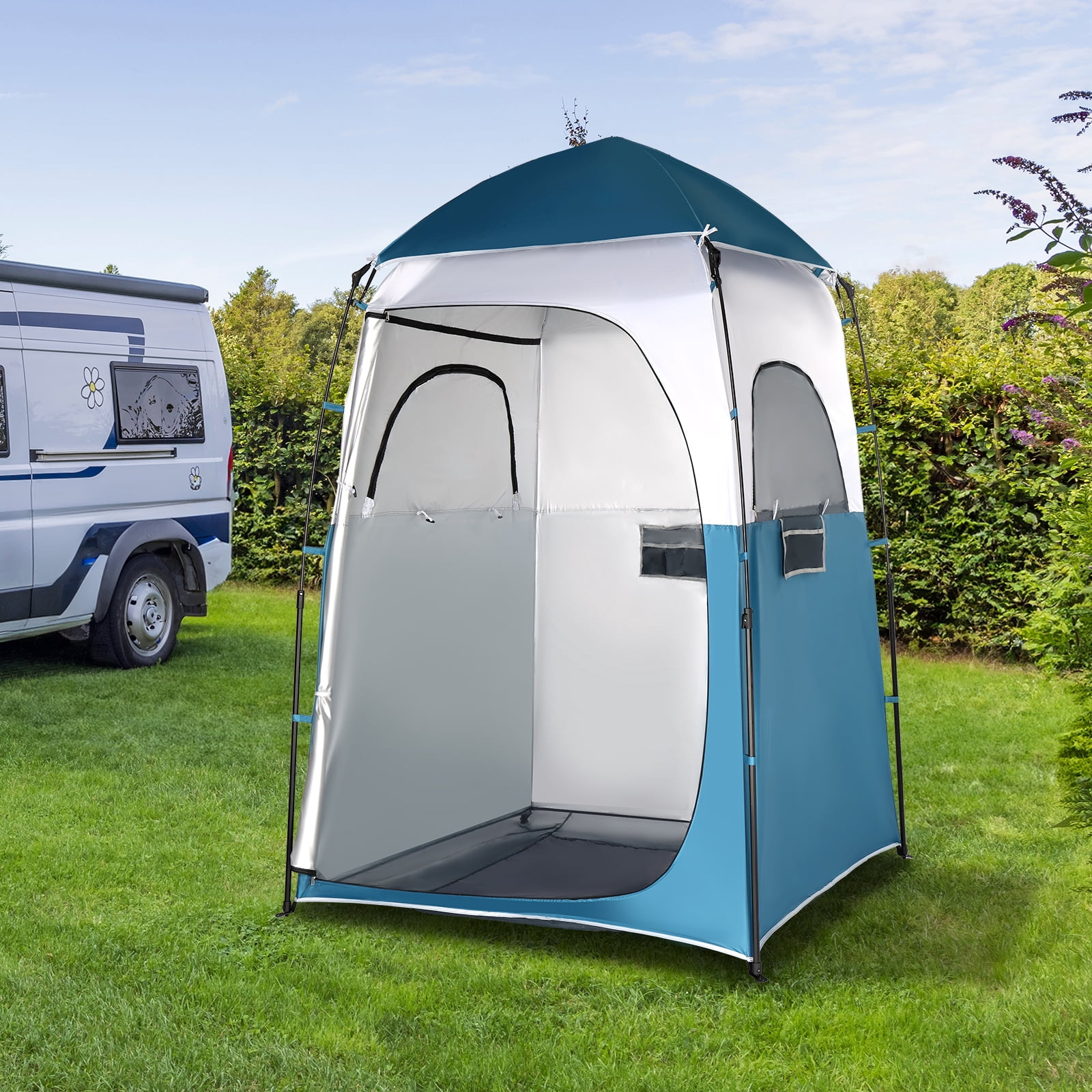 Ktaxon Camping Shower Tent, Waterproof Pop Up Single Changing Tent, Portable Dressing Room, Outdoor Privacy Tent for Beach, HIking, Photography Studio, Blue & White