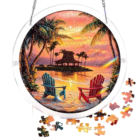 RICHMJ Acrylic Puzzles Suncatcher Window Hanging, 83 Pieces 7.4 Inch Sun Catcher Tropical Beach Sunset Acrylic Puzzles, Garden Decoration for Women Men Birthday Gift Home Decor (C)